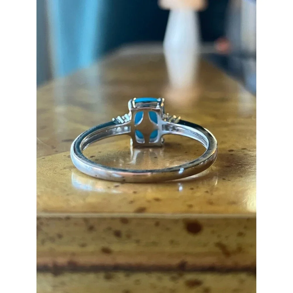 Sleeping Beauty Turquoise White Diamond Sterling Silver Ring Size 8.75